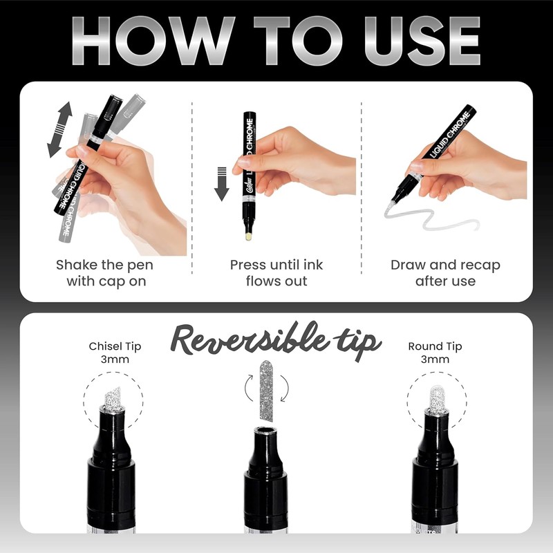 3PK Liquid Chrome Markers - Permanent Mirror Chrome Pens, Chrome