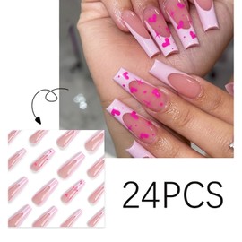 KEHKFSEF Pink Heart Long Square Press on Nails White French Tip Fake Nails with Heart Star Dots Design False Nails Elegant Full Cover Stick on Nails Reusable Glue on Nails for Women Manicure 24PCS