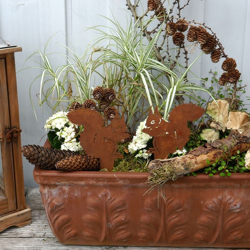 Flower Bed Stakes, Rust Decoration, Squirrel, Set of 2, Garden