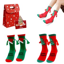 2 Pairs of Magnetic Hand in Hand Socks Christmas, Funny Socks Women with Magnets Hands 35-38 39-42, Christmas Socks with Magnetic Arms, Funny Cuddly Socks Children Woman Partner Magnetic Socks Red 1,