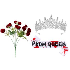 3 Pcs Halloween Prom Queen Crowns and Sashes Set Bloody Prom Costume Silver Wedding Crystal Tiaras and Rosette for Cosplay Spooky Queen Party