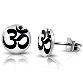 DianaL Boutique 316L Stainless Steel Om Ohm Aum Symbol Earrings Stud Two Tone Gift Boxed Fashion Jewelry