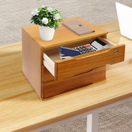 3 Drawers Wooden Desktop Storage Box with Lockable Drawers, Wooden Storage Cabinet Organizer Tabletop Storage Organization Box for Office,Home (Wood Yellow)