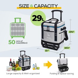 TOURIT Portable 50-Can Collapsible Rolling Soft Cooler with 29L Space & Reinforced All-Terrain Cart with Wheels Easy Transportation, Large Leakproof Travel Beach Ice Chest for Grocery Shopping