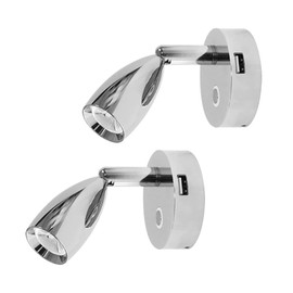 THALASSA 12V RV Spotlight USB Reading Light - Dimmable Touch Switch with Blue Circle Night Light, Polished Chrome, Surface Mounted on Trailer Caravan Boat Interior as Bedside Light Book Lamp, 2 Pack