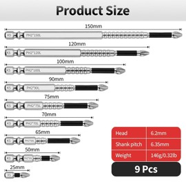 9Pcs Upgrade High Magnetic Screwdriver Set, 2025 New Anti Slip PH2 Magnetic Electric Screwdriver Drill Set，K5 Impact Resistant Non Slip Bit（25mm、50mm、65mm、70mm、75mm、90mm、100mm、120mm、150mm)