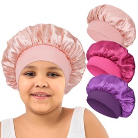 Kids Satin Hair Bonnet for Sleeping, 3 Pcs Wide Band Sleep Bonnet Hat Night Cap Hair Cap for Curly Hair (Dark Purple, Rose, Pink)