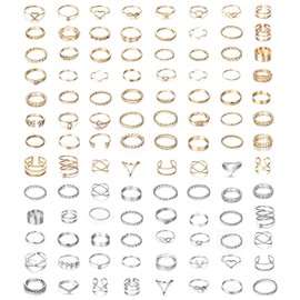 MILACOLATO 104Pcs Knuckle Rings Set for Women Cute Minimalist Adjustable Band Finger Rings Silver Gold Vintage Stackable Ring Midi Thumb Joint Open Rings Set