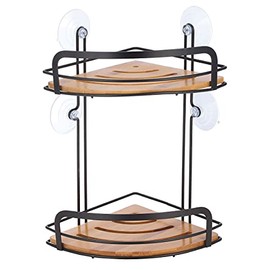 MSV Shower Shelf Corner Shower Basket Bathroom No Drilling with Suction Cups Steel Bamboo 31 x 21 x 21 cm Matte Black