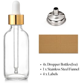 AOZITA 4 Pcs, 1 oz Golden Cap Clear Dropper Bottles (30ml) with 1 Funnel & 4 Labels - Glass Tincture Bottles with Eye Droppers - Leakproof Essential Oil Bottles for Health, Personal Care & Beauty