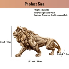 ZKSYLSM Gold Lion Statue 15-Inch for Home Office Decor - Large Animal Sculpture, Masculine Gifts for Men