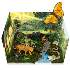 Pamonrueer Rainforest Diorama Animals Figurines Set Assorted Creatures Rainforest Diorama Supplies Animals Model Trees DIY Rainforest Decor for Birthday Gift