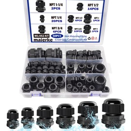maierke 60PCS Cord Grip Cable Glands Kit,Cable Gland Waterproof Adjustable NPT 1/4” 3/8” 1/2” 3/4” 1” Nylon Strain Relief Cord Connectors Black With Gaskets