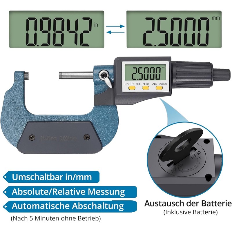 Micrometer Digital, LCD Digital Outside Micrometer 25-50 mm/1-2 Inch, Electronic