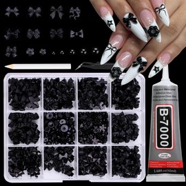 RODAKY Bow Nail Charms with B7000 Glue,Assorted 3D Coquette Bowknot Nail Charms for Acrylic Nails Design,Black Flatback Pearls Jewels Nail Art Charms for DIY Nails Art Crafts Decoration Accessories