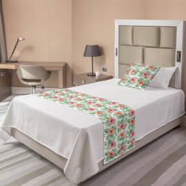 Ambesonne Luau Bed Runner Set, Print of Hawaiian Hibiscus Monstera Palm Leaves Blossoming, Decorative Bedding Scarf and a Pillow Sham for Hotels Homes, Twin, Vermilion Pink