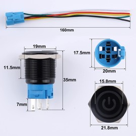 DMWD 2Pcs 19mm Latching Push Button Switch 12V-24V ON/Off 1NO 1NC Waterproof IP66 Black Metal Shell with Wire Socket for 3/4’’ Mounting Hole Power Symbol Light (Green LED)