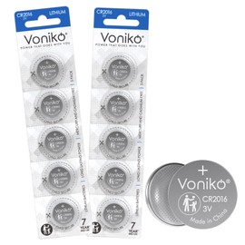 Voniko CR2016 3V Lithium Batteries 10 Pack for Child Safety, Compatible with Remotes, Key Fobs, Glucose Monitors - 7 Years Shelf Life