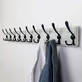 Dseap Wall Mounted Coat Rack with 10 Tri Hooks: Wooden Coat Hook Hanger for Coats Towels Hats Clothes, White & Black