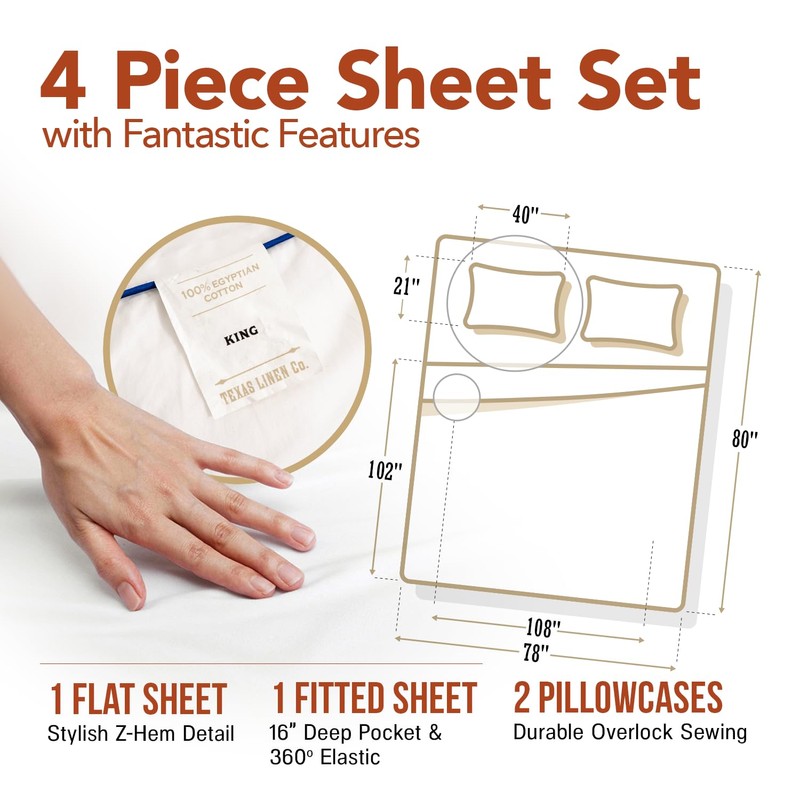 TEXAS LINEN CO. Luxury Egyptian Cotton King Size Sheet Set