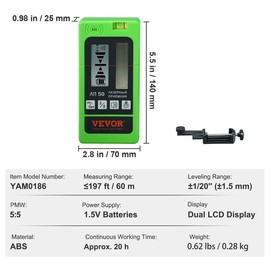 VEVOR Laser Level, Max. 2000ft, 360 Degree Self Leveling Green Cross Line Laser, 5 Rotation Speeds & 4 Scanning Angles Adjustment, IP66 Waterproof Remote Control Manual Self-leveling Mode Portable Tool:_Single Laser Receiver - 197 ft Working Range