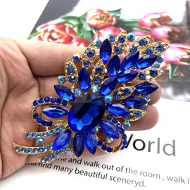 YOQUCOL Vintage Blue Austrian Crystal Rhinestone Leaf Shape Big Large Brooch Pin for Women Girls, Crystal, circonita cúbica