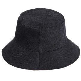 KYEYGWO Reversible Winter Bucket Hat for Women Men, Thick Corduroy Faux Fur Teddy Style Hat Solid Color Bucket Hat Winter Warm Hat Leisure Outdoor Hat, Black