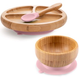 Toddler Bamboo Plates, Bowls and Spoon Set, Wooden Feeding Utensils for Infant’s Easy Self Eating at 1 Stage, Stay Put Silicone Suction Plate and Bowl and Soup Spoon for Baby Led Weaning