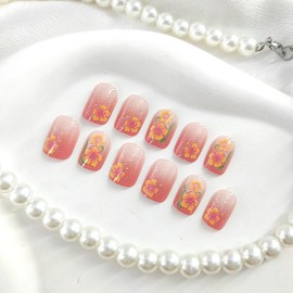 Spring Press on Nails Short Square Fake Nails with Flower Glitter Desgins Pink Gradient Nails Press ons Spring Acrylic Nails Glossy Glue on Nails Reusable Stick on Nails for Women 24Pcs