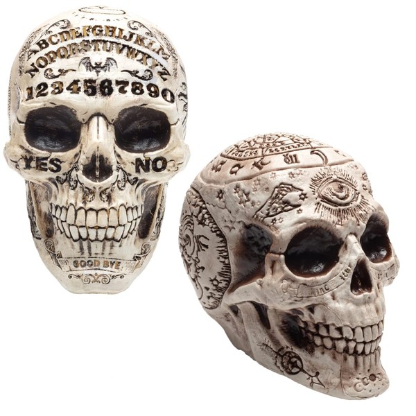 Halloween Zodiac & Spirit Board Skulls- 2 Pack, 7" x 6.5" Human Head Skeleton Sculpture-Indoor Home Fall Decor for Parties-Spooky Prop Decorations for Haunted Houses Realistic Gothic Bone Table Statue