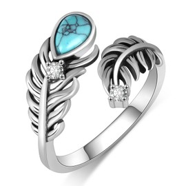 Feather Ring 925 Sterling Silver Feather Western Turquoise Rings for Women Adjustable Vintage Western Jewelry Gifts