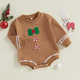 Baby Christmas Outfit Girl Boy Crewneck Sweatshirt Bubble Romper Sweater Jumpsuit Cute Fall Winter Clothes (Brown Candy, 0-3 Months)
