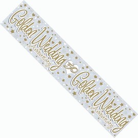 Golden Anniversary Party Decoration Banner Garland 50th Wedding Cheers to 50 Years Silver And Gold Wedding Giant Extra Wide Recyclable Eco Friendly Holographic Shiny Sparkly Party Banner
