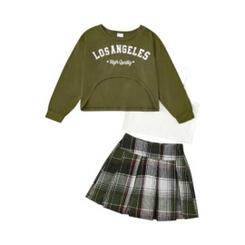 Yhnslsf Girls Outfits 3 Piece Clothing Set Age 13-15 Army Green Girls Tank Tops Plaid Mini Skirt Long Sleeve Letter Print Crop Sweatshirt Teen Clothes Size 14 for Girl Fall Winter Plaid Skirts Suit