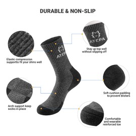 ATEPA Men's Hiking Socks Outdoor Recreation Socks Merino Wool Socks for Women Men Winter Warm Thermal Socks 1 Pairs, Grey, XL