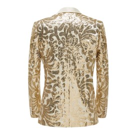 PYJTRL Men Stylish Satin Face Sequins Floral Pattern Suit Jacket Blazer (Champagne Gold, XS)