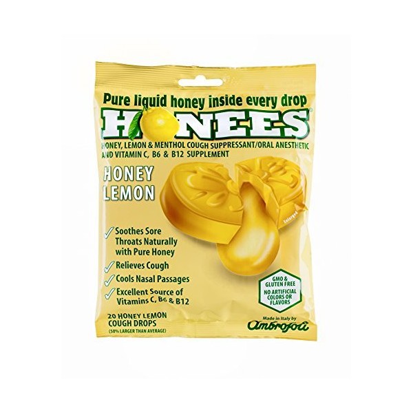 Honees Honey Lemon Menthol Cough Drops, 20 Count Bag by Honees