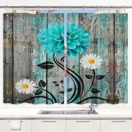 Rustic Teal Floral Kitchen Curtains, Farmhouse Turquoise Blue Flower Daisy Grey Wood Decor Window Drapes Curtains 2 Panels, Vintage Country Gray Upgrade Window Treatment Sets with Hooks, 55X39Inches