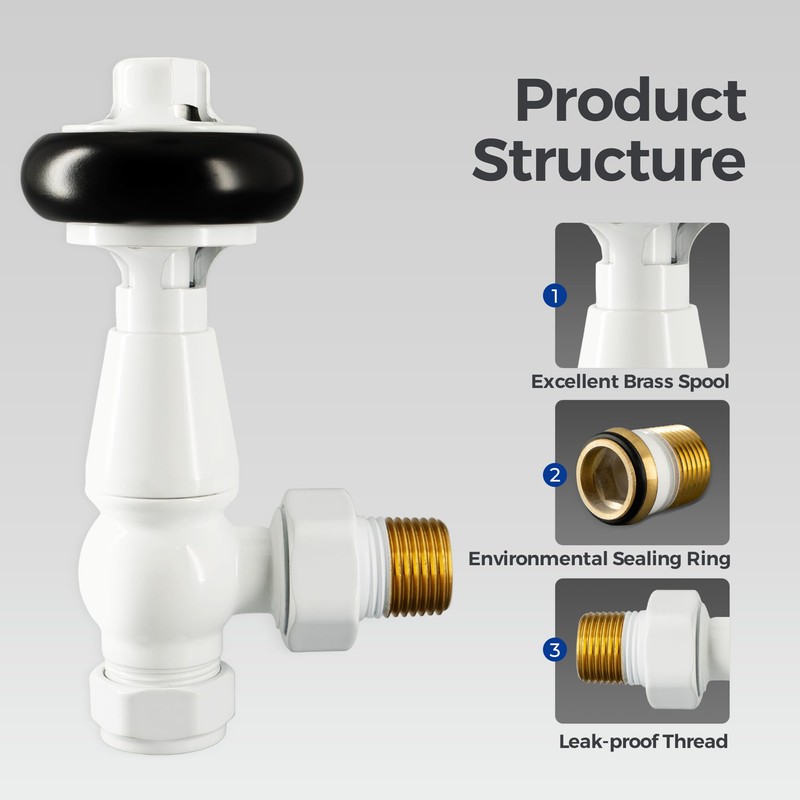 VANCOCO Traditional Angled Brass Thermostatic Radiator Valve 15mm 1/2'' Handwheel