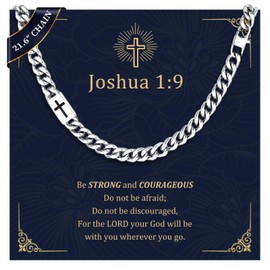 MEALGUET Cuban Chain Cross Necklace for Mens : Non Tarnish Waterproof Men's Stainless Steel Joshua 1:9 Engraved Curb Curb Link Chains Necklaces for Him, Religious Jewelry Gifts for Son Grandson