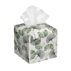 OHEGBXE Gingko Leaf Tissue Box Cover Square, Green Leaves Tissue Box Holder Leather Facial Paper Case Decorative Organizer Holder Dispenser Home Office Car Decor