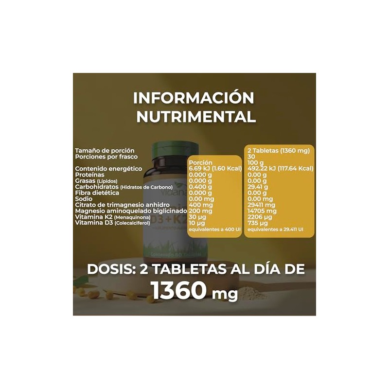 Vidanat Vitamina D3 K2 60 Tabletas 30 Servicios Salud sea