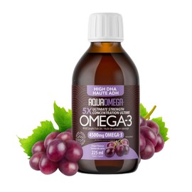 AquaOmega 5x Ultimate Strength High DHA Omega 3 Liquid - Fish Oil Omega 3 w/EPA & Vitamin D, Wild Caught Omega 3 Fish Oil Liquid, 4500mg of Fish Oil Liquid Omega 3 Supplements, Fish Oil Supplement, 225ml Grape