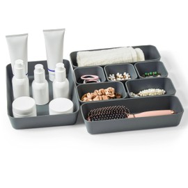 ISSEVE ISSEVE 8Pcs Nesting Silicone Drawer Organizer Trays, 4 Size Versatile Vanity Bathroom & Desk Drawer Organizer Set Storage Bins for Office,Kitchen,Nightstand,Black
