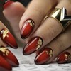 Red Press On Almond Gradient False Nails with Gold Foil