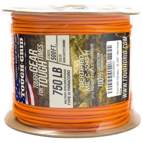 TOUGH-GRID 750lb Neon (Safety) Orange Paracord/Parachute Cord - Genuine Mil Spec Type IV 750lb Paracord Used by US Military (MIl-C-5040-H) - 100% Nylon - 50Ft. - Neon (Safety) Orange