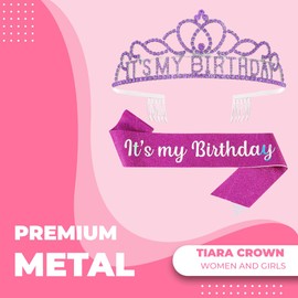 Papoopy Birthday Tiara and Crown with Sash, Birthday Tiara for Women Party Purple