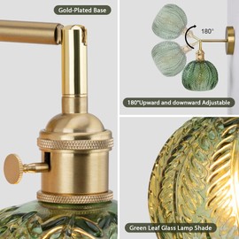 Cerdeco Vintage Wall Sconce with Green Leaf Glass Shade,Gold Base and 180°Adjustable Arm,Modern Indoor Wall Light Lighting for Bedroom