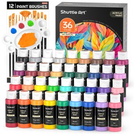 Shuttle Art Juego de pintura acrílica, 36 colores de pintura acrílica con pinceles y paleta, botellas de 2 oz/2.0 fl oz, pigmentos ricos no tóxicos pa