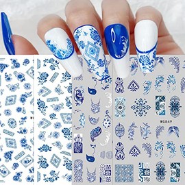 8 Sheets Blue and White Porcelain Nail Art Stickers Decals Self-Adhesive Pegatinas para Uñas Retro Elements Tiger Lion Dragon Flowers Design Manicure Tips Nail Decoration for Women Girls